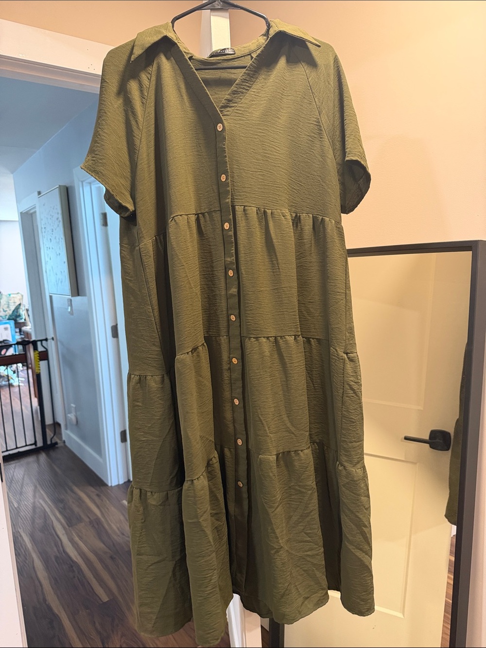 Olive Green Button-Front Tiered Maxi Dress